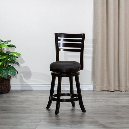 30" Bar Height Slat Back Swivel Stool, Espresso Finish, Charcoal Fabric Seat