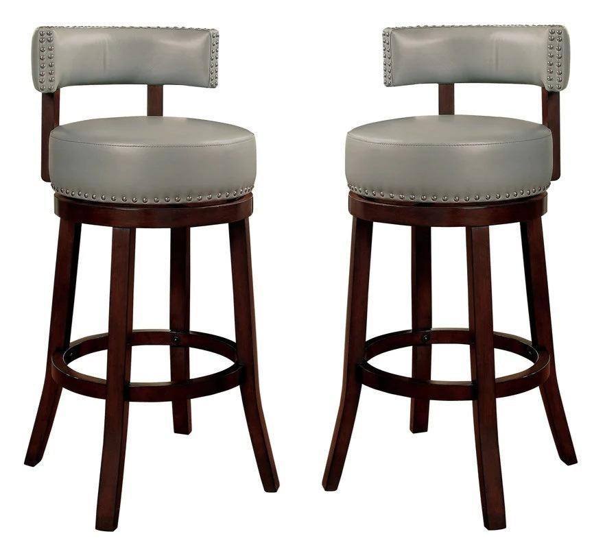 [SET OF 2] 30" Swivel Stool Dark Oak Solid Wood Dark Gray Leatherette Bar Stools