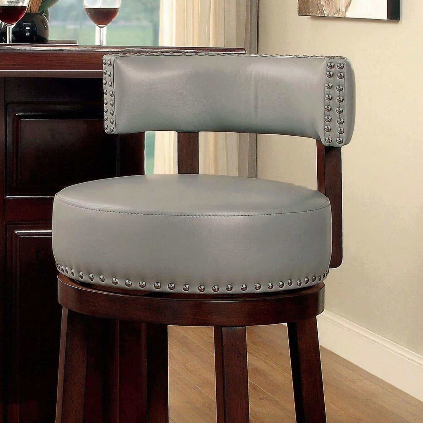 [SET OF 2] 30" Swivel Stool Dark Oak Solid Wood Dark Gray Leatherette Bar Stools