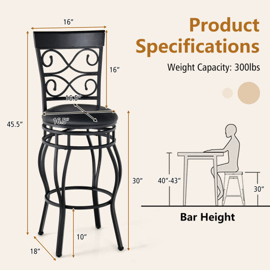 Set of 2 30 Inch Bar Stool with Backrest and Footrest-Black - Color: Black