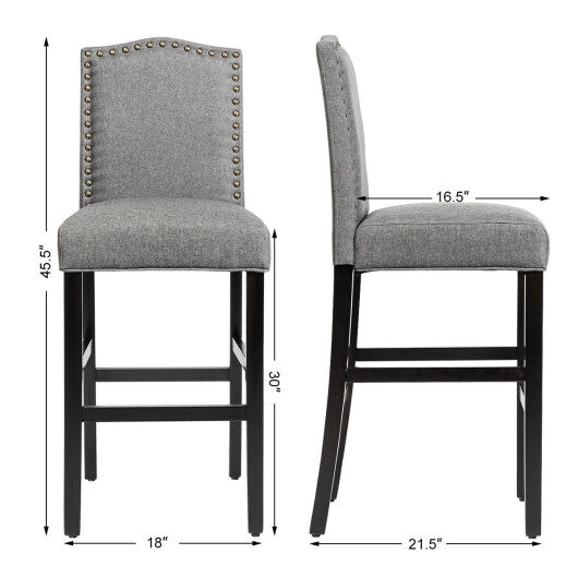 Set of 2 Bar Height Dining Side Barstools with Thick Cushion-Gray - Color: Gray