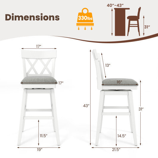 30 Inch Bar Stool with Contoured Backrest and Swivel Padded Seat-Gray - Color: White - Size: 30 inches