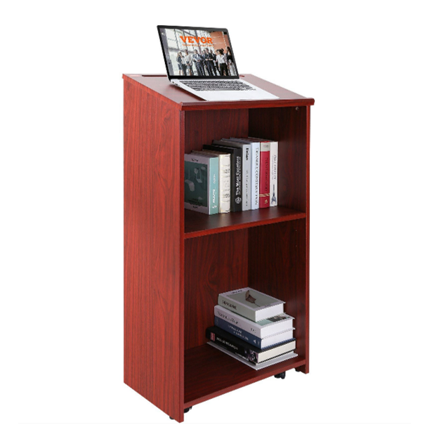 VEVOR 47 INCH Podium Stand with 4 Rolling Wheels,  Storage Shelves and Slant Desktop