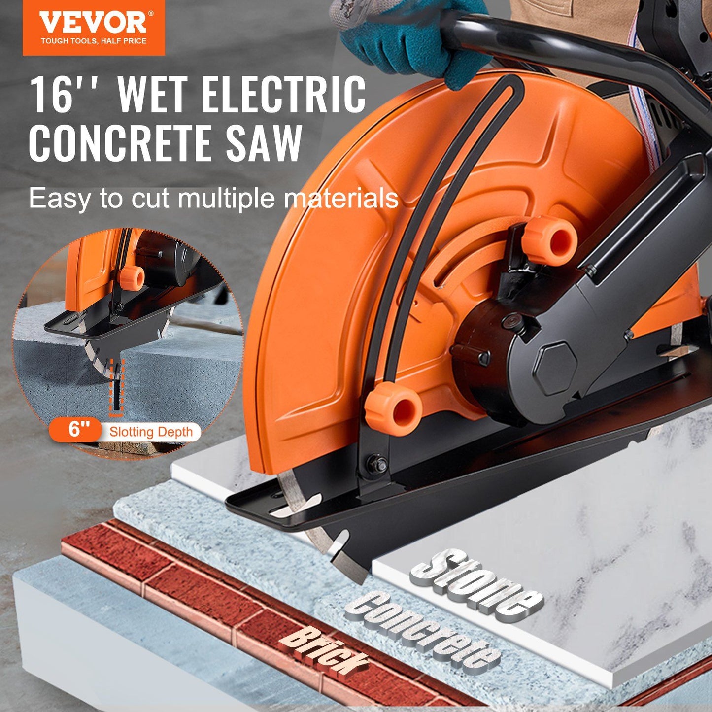 VEVOR Electric Concrete Saw, 16 in, 3200 W 15 A Motor Circular Saw Cutter with Max. 6 in Adjustable Cutting Depth, Wet Disk Saw Cutter Includes Water Line, Pump and Blade, for Stone, Brick