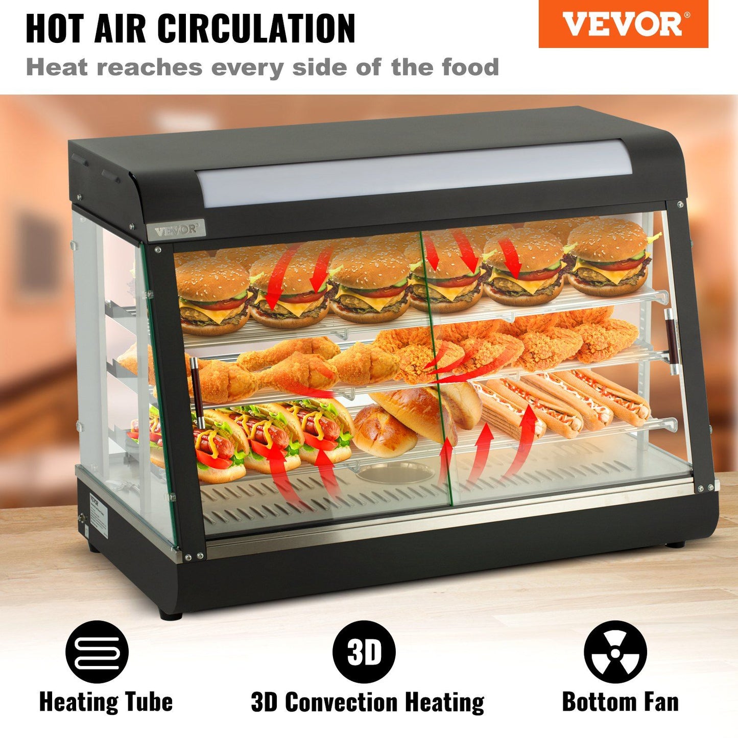 VEVOR Commercial Food Warmer Display w/ Stainless Frame Glass Doors