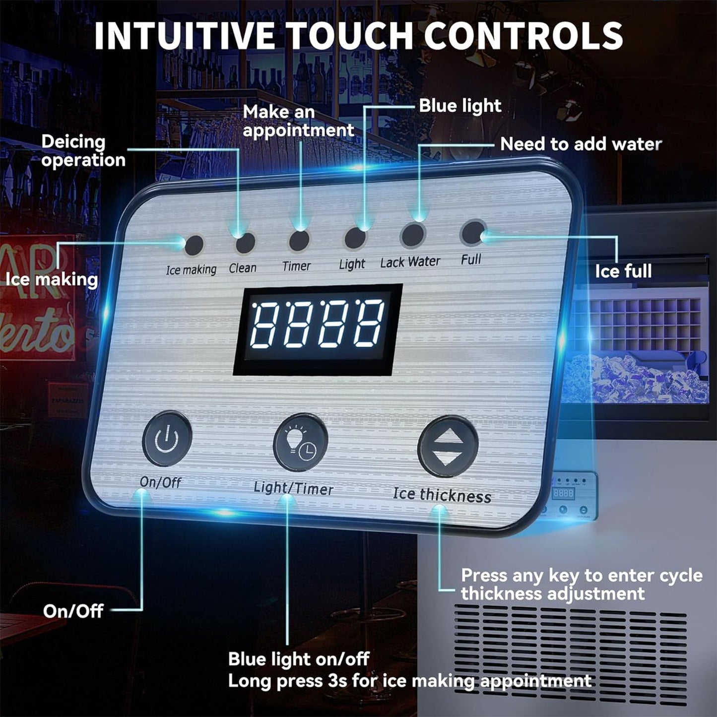 Commercial Ice Maker 100-150lbs/24H Ice Maker Machine, Auto Self-Cleaning, LED Digital Display, Blue Light, Under Counter/Freestanding Ice Machine for Home/Office/Restaurant/Bar