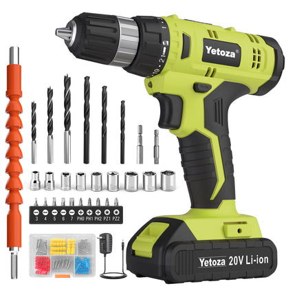 Cordless Drill Set, 20V Electric Power Drill with Battery And Charger, Green