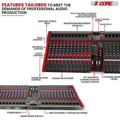 5 Core Audio Mixer 24 Channel DJ Sound Board w Bluetooth USB PC Recording