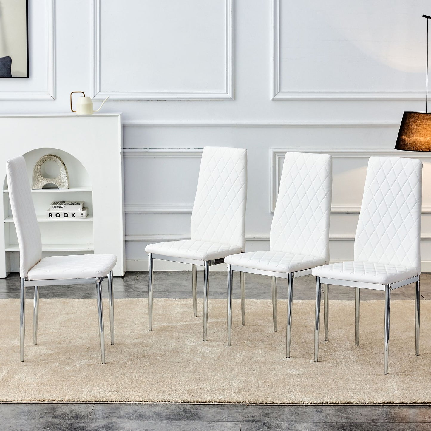 [SET OF 4] Grid armless white high backrest dining chair