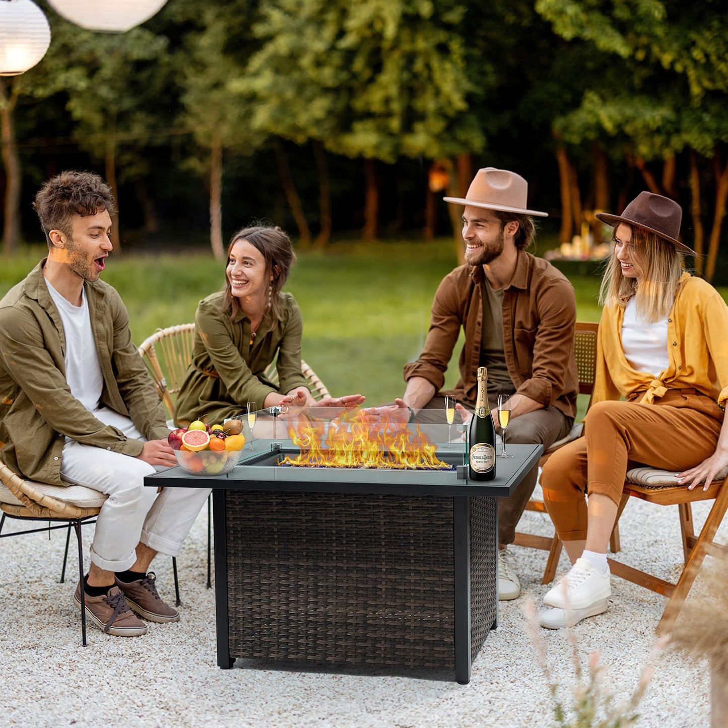 Outdoor Fire Pit 50,000 BTU Propane Gas Fire Table with Lid Fireplace with Glass Wind Guard Wicker Base for Garden, Patio, Backyard