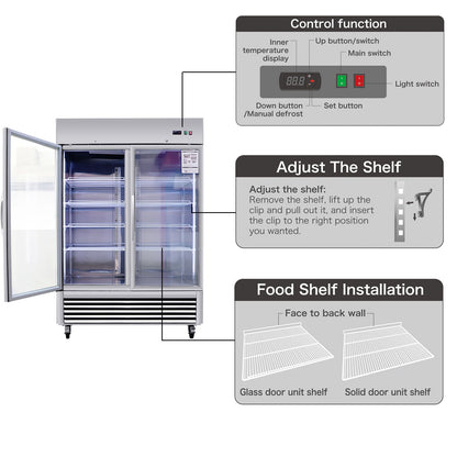 54"W Commercial Refrigerator 2 Section 2 Glass Door Stainless Steel Display Refrigerator 42.2 Cu.ft. Reach-in Merchandising Refrigerator Upright Fan Cooling Merchandiser for Restaurant, Bar, Shop