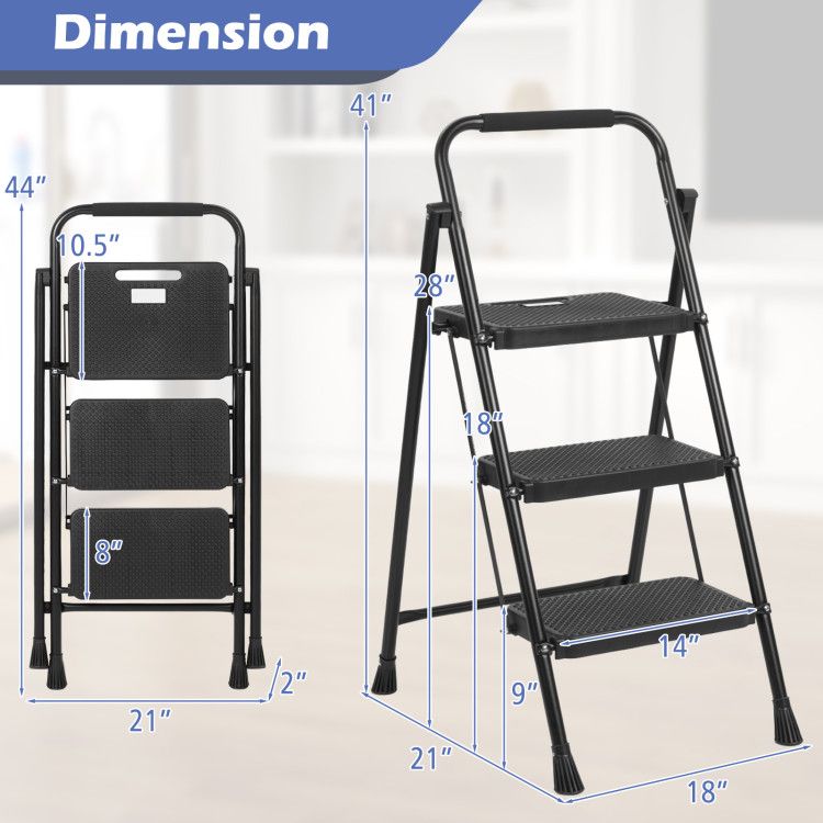 Portable Folding 3 Step Ladder with Wide Anti-Slip Pedal and Convenient Handle