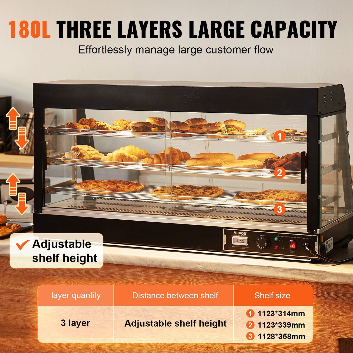 VEVOR 3-Tier Commercial Food Warmer Display Countertop Pizza Cabinet with Light