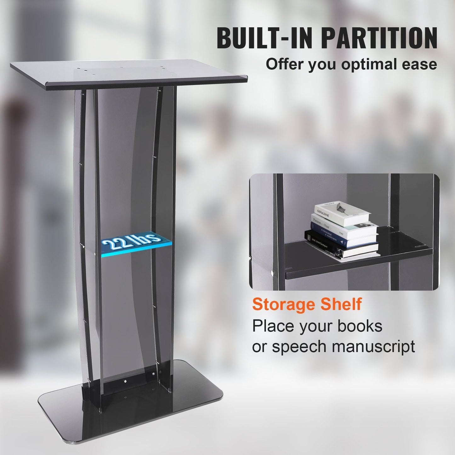 47" Black Acrylic Podium Stand with Wide Reading Surface & Storage Shelf