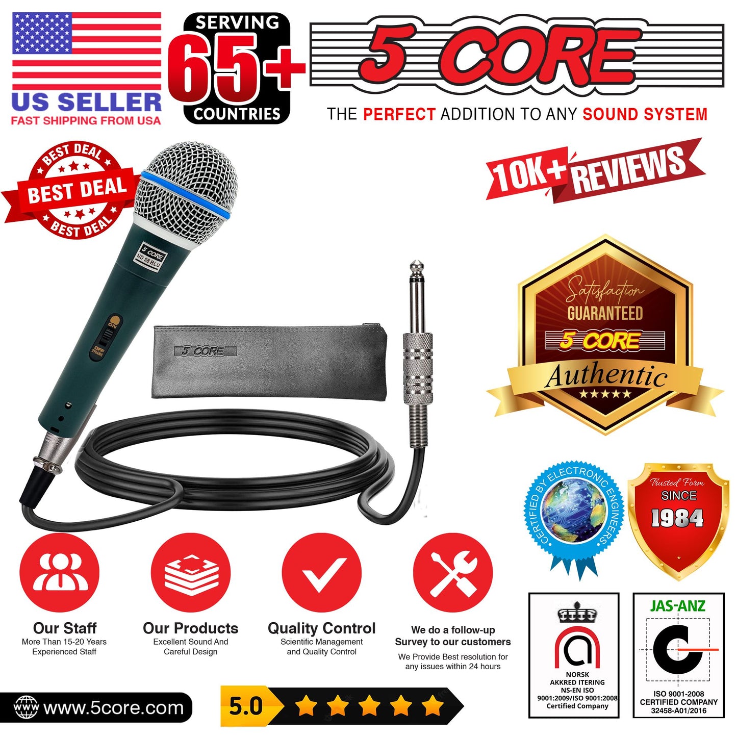 5 CORE Professional Dynamic Vocal Microphone Neodymium Cardioid Unidirectional Handheld Mic for Singing Karaoke Steel Mesh Grille Metal Body With ON Off Switch + 16ft Detachable Cable + Clip + Bag