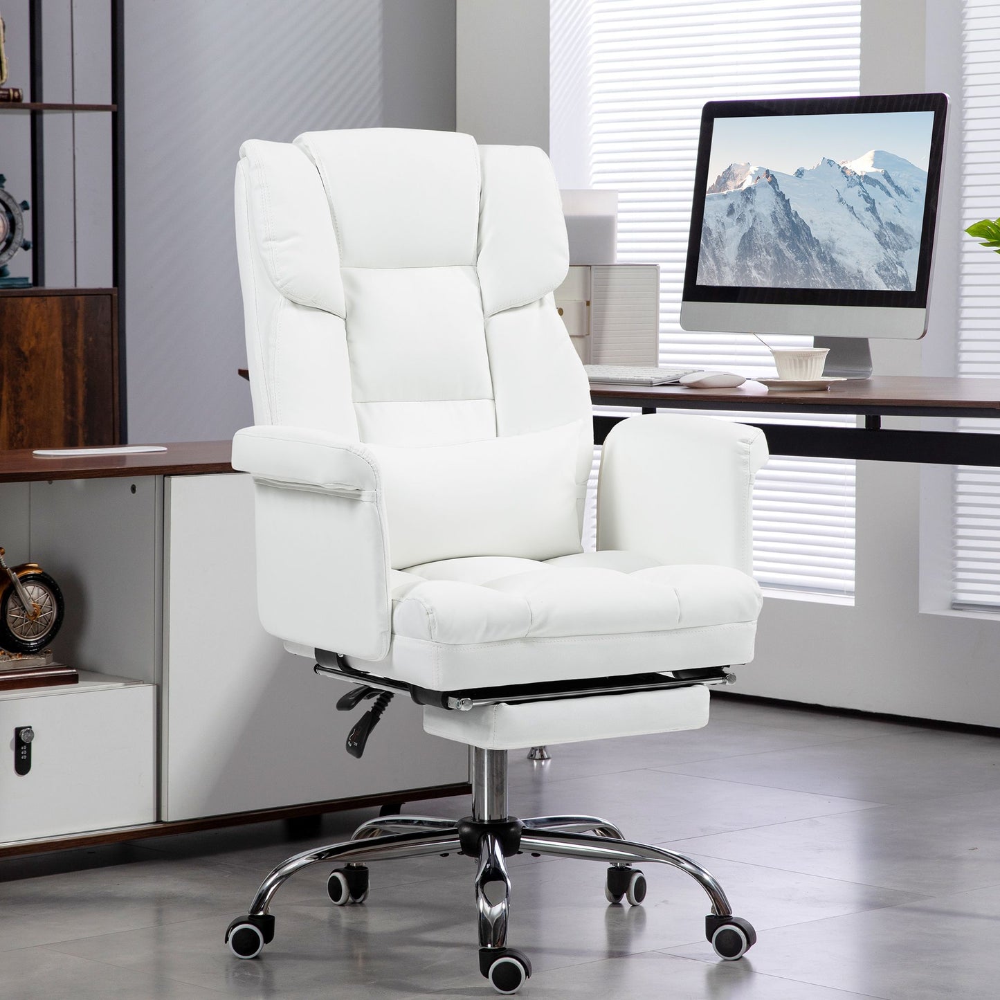 HOMCOM Executive Office Chair, PU Leather Ergonomic Office Desk Chair, Reclining and Swivel Chair with Footrest and Lumbar Support, White