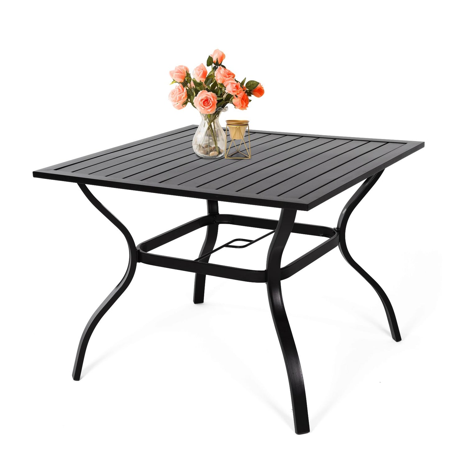 MEOOEM Outdoor Metal Patio Dining Table with Umbrella Hole;  Metal Steel Square Backyard Bistro Table for Garden;  Poolside;  Backyard;  Black