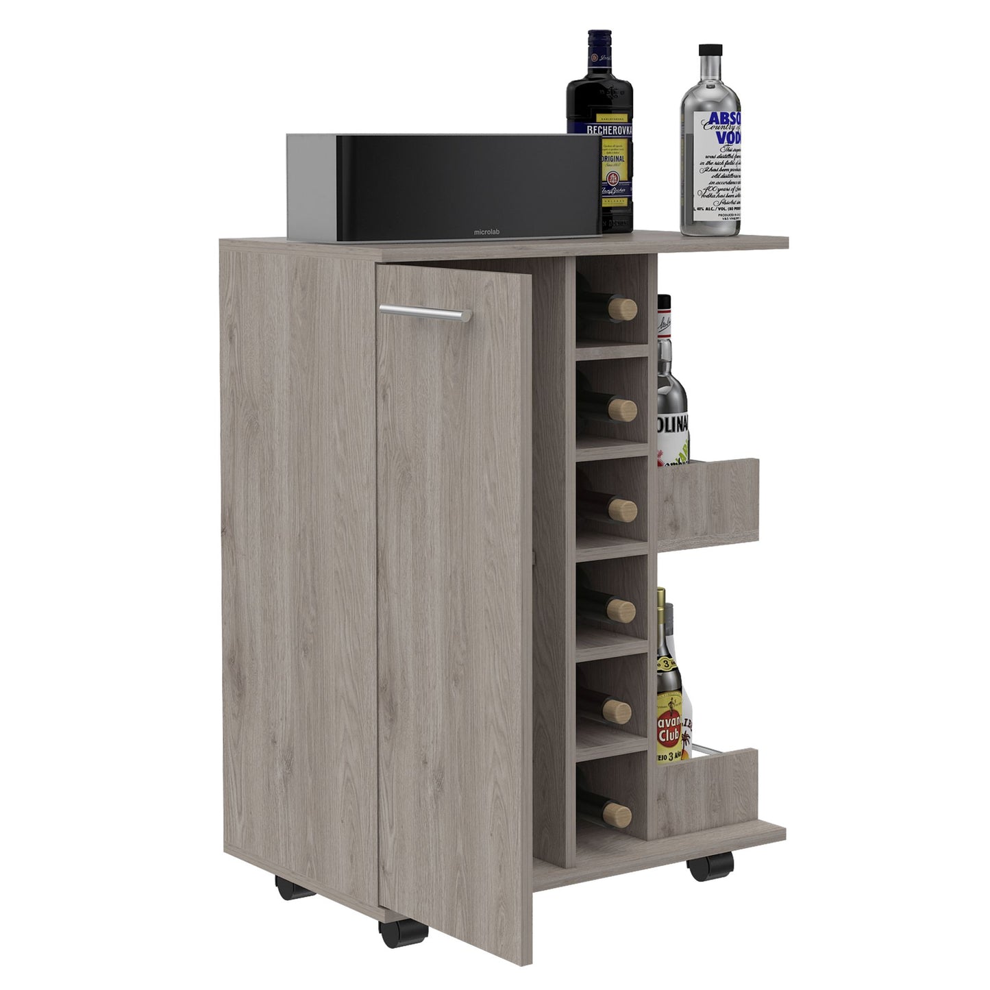 Tennessee Bar Cart, One Cabinet With Division, Six Cubbies For Liquor, Two Shelves