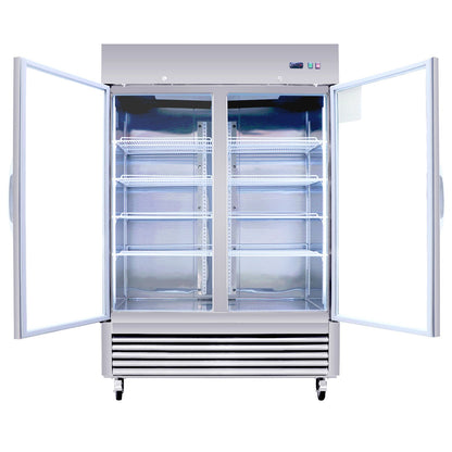 54"W Commercial Refrigerator 2 Section 2 Glass Door Stainless Steel Display Refrigerator 42.2 Cu.ft. Reach-in Merchandising Refrigerator Upright Fan Cooling Merchandiser for Restaurant, Bar, Shop