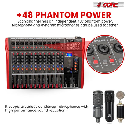 5 Core Audio Mixer 12 Channel DJ Sound Board w Bluetooth USB PC Recording Professional PA Analog Mixing Interface For Karaoke Singing Music Podcast Consola De Audio - MX 12CH