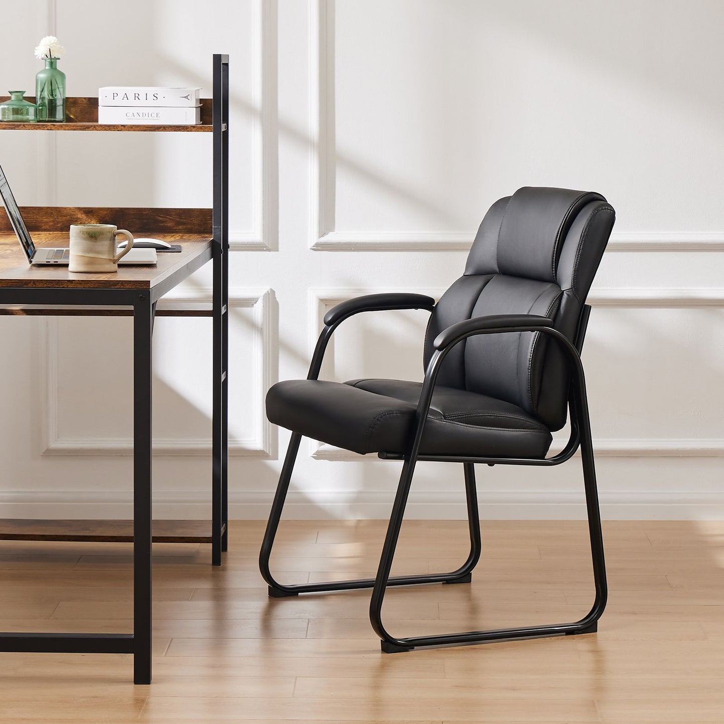 [SET OF 2] Leather Office Guest Chair No Wheels, Comfy Padded Arms and Seld Base