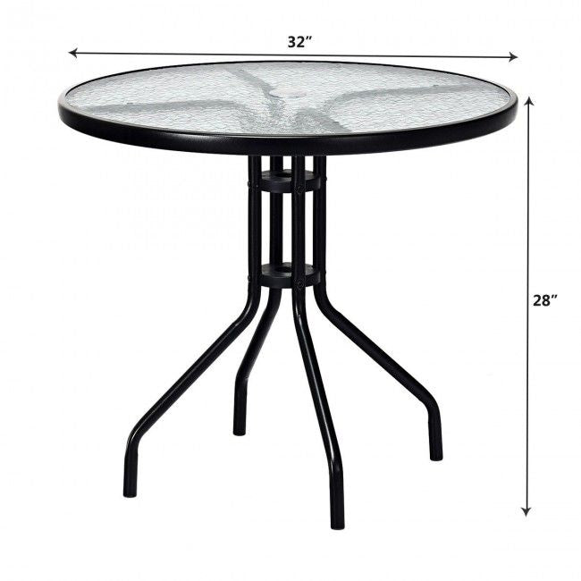 Patio Garden Round 32 Inch Tempered Glass Top Table Square Base Bracket  With Umbrella Hole