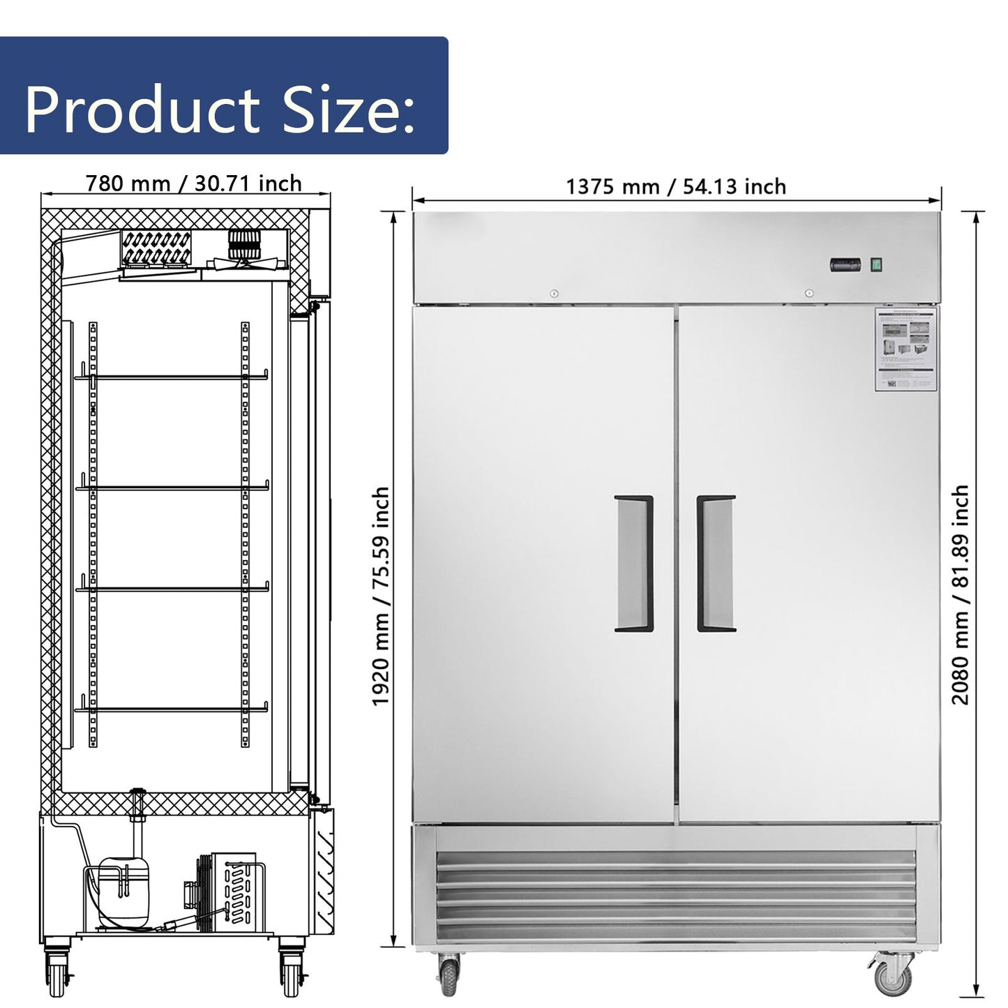 54"W Commercial Refrigerator 2 Section 2 Solid Door Stainless Steel Reach-in Refrigerator 42.2 Cu.ft. Upright Fan Cooling Refrigerator for Restaurant, Bar, Shop, Home, Garage, Business, Kitchen, Resid