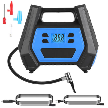 Portable Tire Inflator 150 PSI 120W Max Power Tire Pump with Digital Display LED Light Inflatable Nozzle Needle Fuse Air Compressor for Bikes Motorbikes Cars Balls