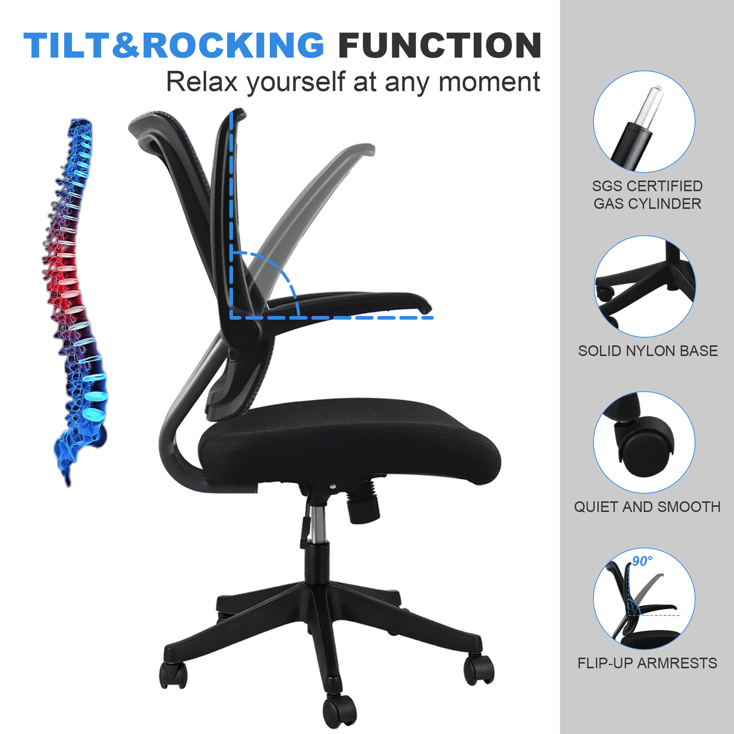 Ergonomic Mid-back Office Chair with Flip-up Armrest,360° Silent Wheels