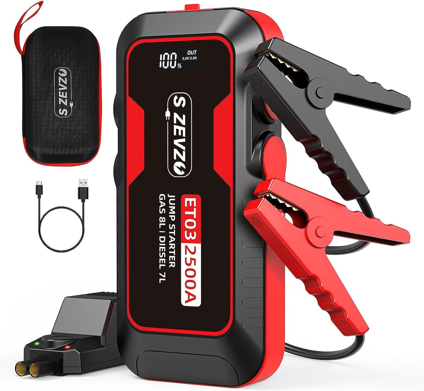 S ZEVZO ET03 Car Jump Starter 2500A Jump Starter Battery Pack for Up to 8.0L Gas and 7.0L Diesel Engines, 74Wh Portable 12V Jump Box with USB Ports, LCD Display, Storage Case, and LED Light