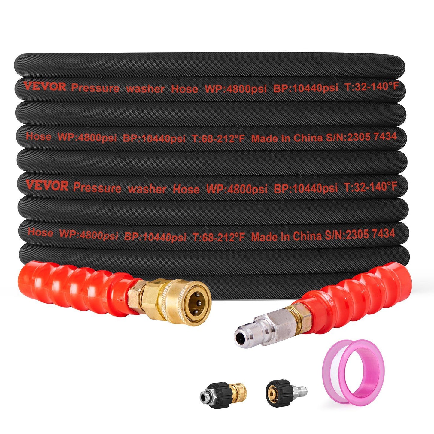 VEVOR Pressure Washer Hose, 100FT, Kink Free 3/8"-φ14.8 Male, 3/8"-φ15 Female For Most Brand Pressure Washers, 4.9'' Bending Radius, 4800 PSI Heavy Duty Power Washer Extension Replacement Hose