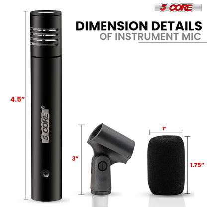 5 CORE Professional Instrument Microphone Pencil Mic Condenser Cardioid Unidirectional Stick Microfono with Windscreen Mic Clip & Case - INSTRU MIC 300 BLK