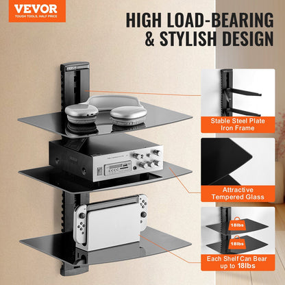 VEVOR 3 Tiers Wall Mounted AV Media Stand Adjustable Floating Projector Shelf