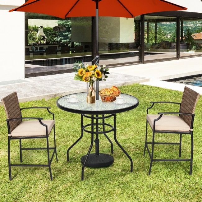 Patio Garden Round 32 Inch Tempered Glass Top Table Square Base Bracket  With Umbrella Hole