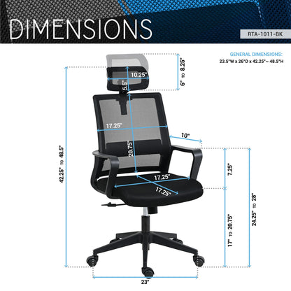 Techni Mobili Ergonomic Office Chair with Lumbar Support and Adjustable Headrest