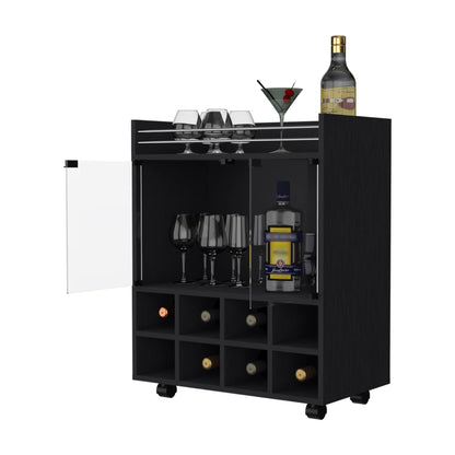 Minneapolis Bar Cart with Integrated 8-Bottle Rack, Glass Encased Cabinet and Aluminum Bar Top