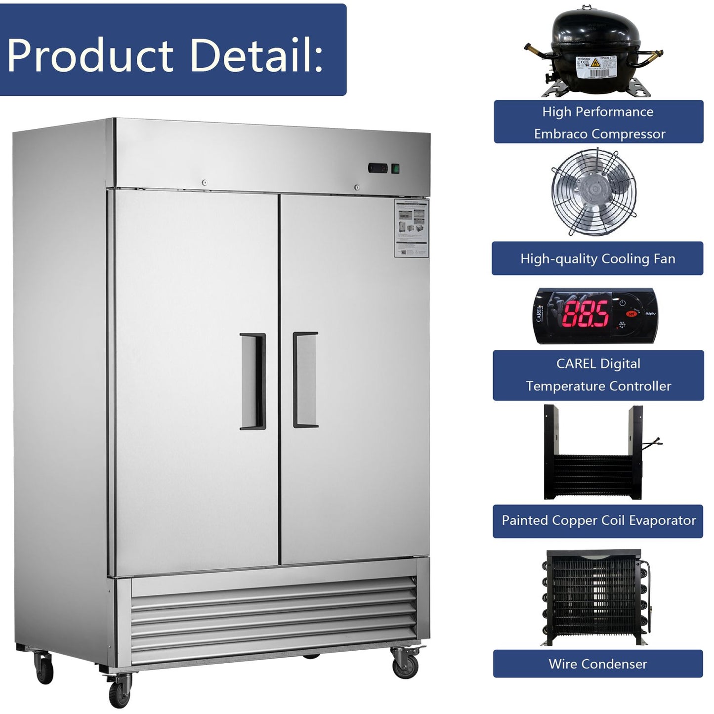 54"W Commercial Refrigerator 2 Section 2 Solid Door Stainless Steel Reach-in Refrigerator 42.2 Cu.ft. Upright Fan Cooling Refrigerator for Restaurant, Bar, Shop, Home, Garage, Business, Kitchen, Resid