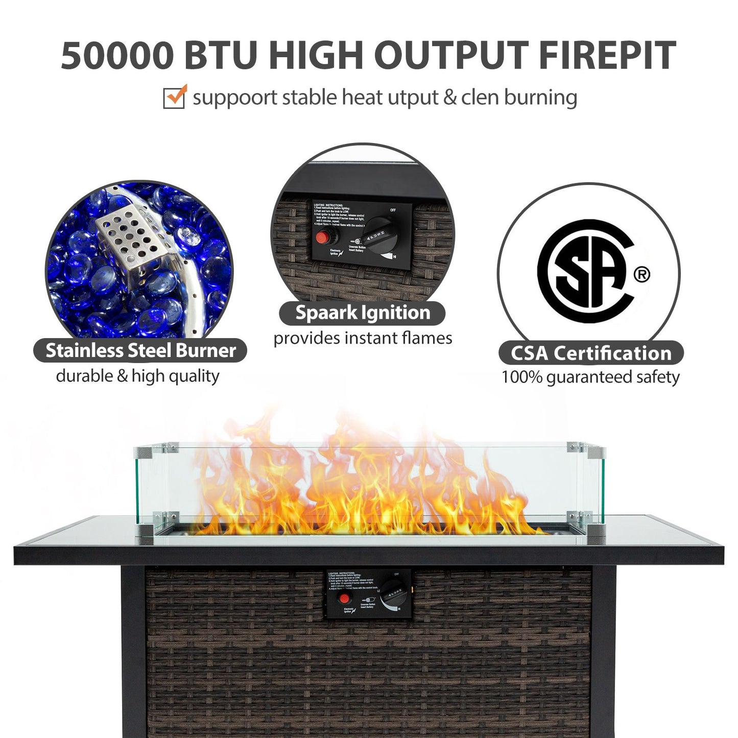 Outdoor Fire Pit 50,000 BTU Propane Gas Fire Table with Lid Fireplace with Glass Wind Guard Wicker Base for Garden, Patio, Backyard