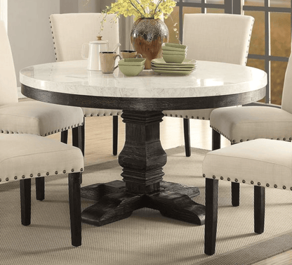 NolanWhite Marble Top & Salvage Dark Oak Finish Round Dining Table