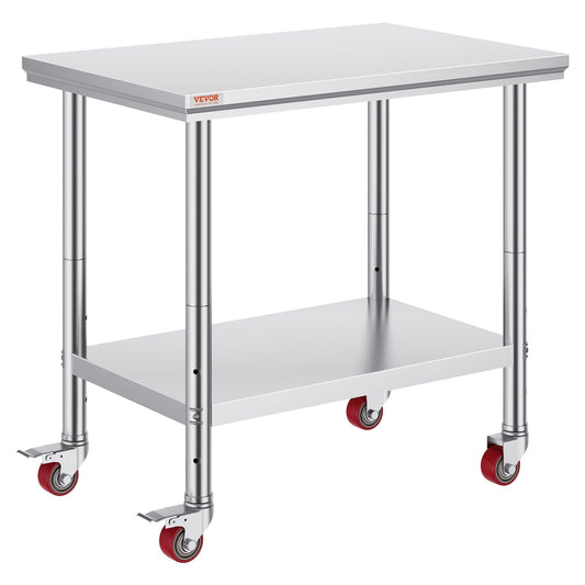 VEVOR Stainless Steel Work Table 36x24 Inch with 4 Wheels Commercial Food Prep Worktable with Casters