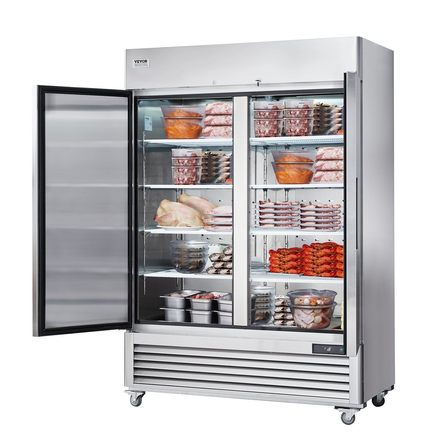 VEVOR Commercial Freezer 44.21 Cu.ft, Reach In 54.4" W Upright Freezer 2 Doors, Auto-Defrost Stainless Steel Reach-in Freezer with 8 Adjustable Shelves, -13 to 5°F Temp Control, LED Lighting, 4 Wheels