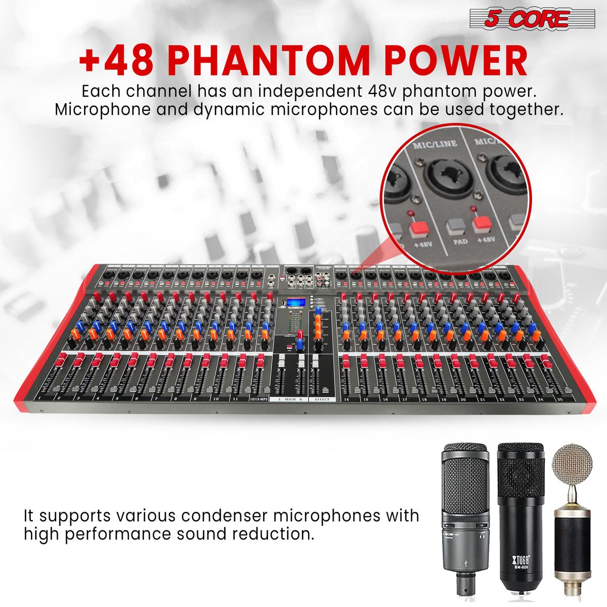 5 Core Audio Mixer 24 Channel DJ Sound Board w Bluetooth USB PC Recording