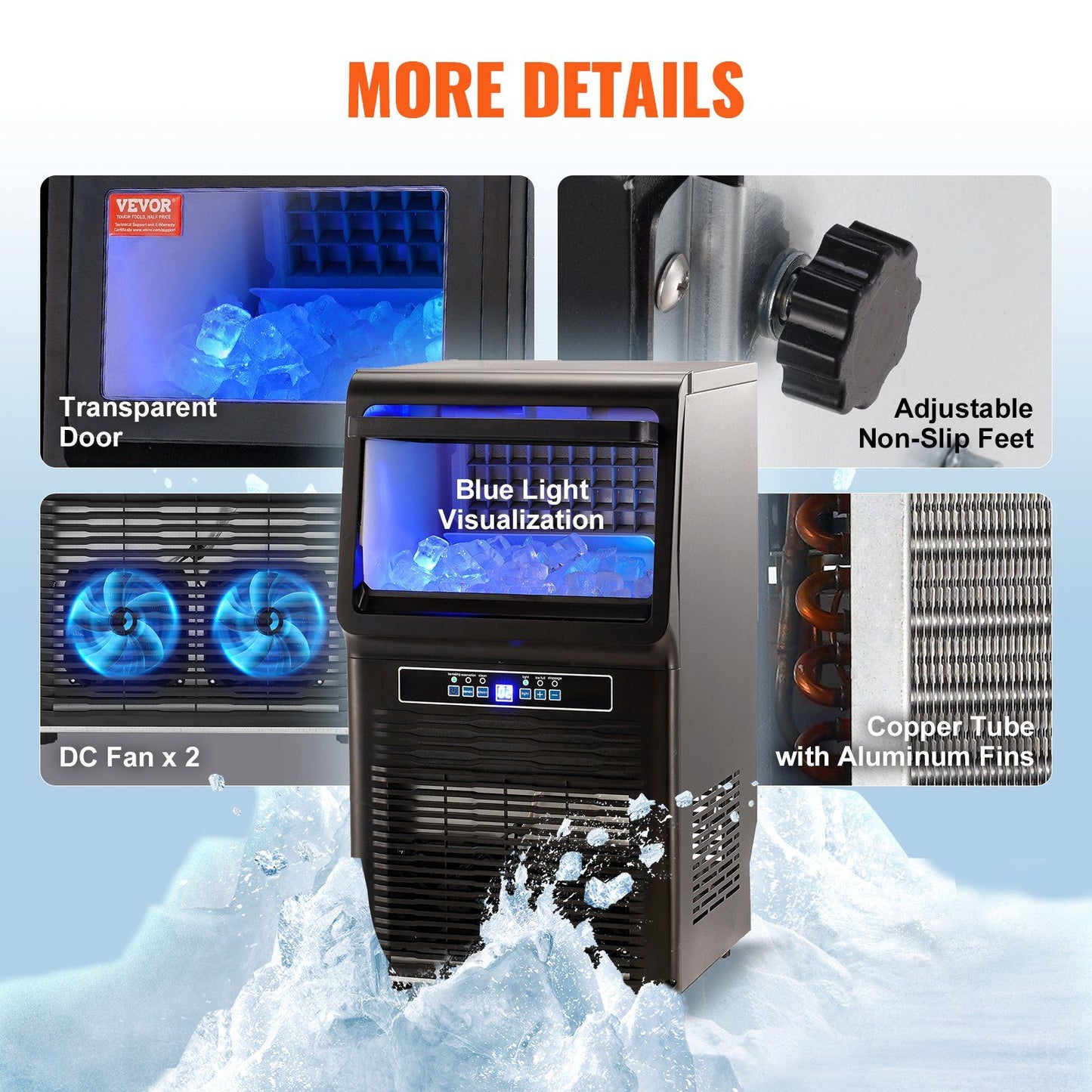 VEVOR Commercial Ice Maker, 70lbs/24H, Ice Maker Machine, 36 Ice Cubes in 12-15 Minutes, Freestanding Cabinet Ice Maker with 11lbs Storage Capacity LED Digital Display, for Bar Home Office Restaurant