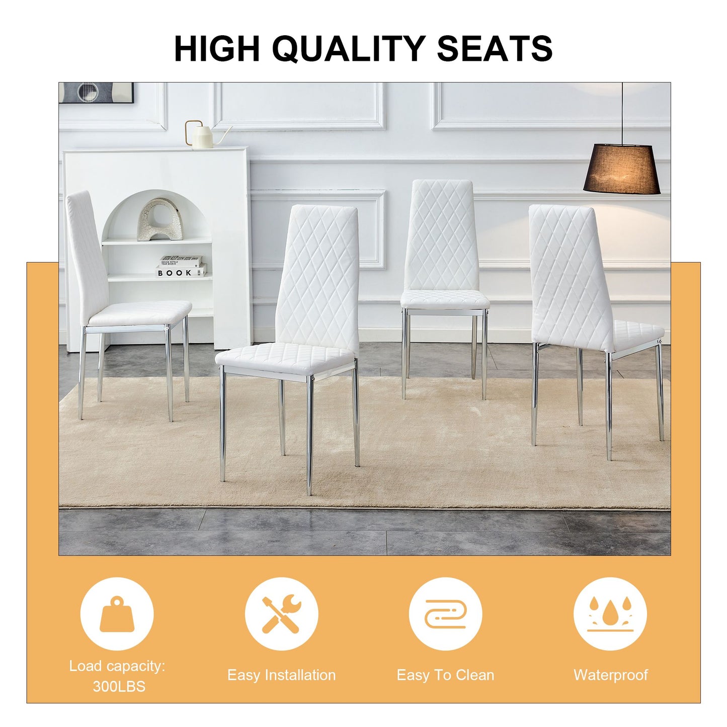 [SET OF 4] Grid armless white high backrest dining chair