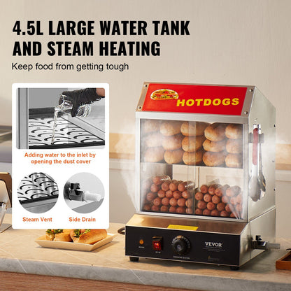 VEVOR Commercial Hot Dog Steamer 2-Tier Electric Bun Warmer 28.5QT Slide Doors