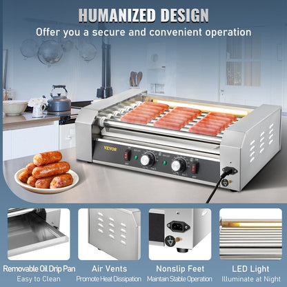 VEVOR Hot Dog Roller, 18 Hot Dog Capacity 7 Rollers, 1050W Stainless Steel