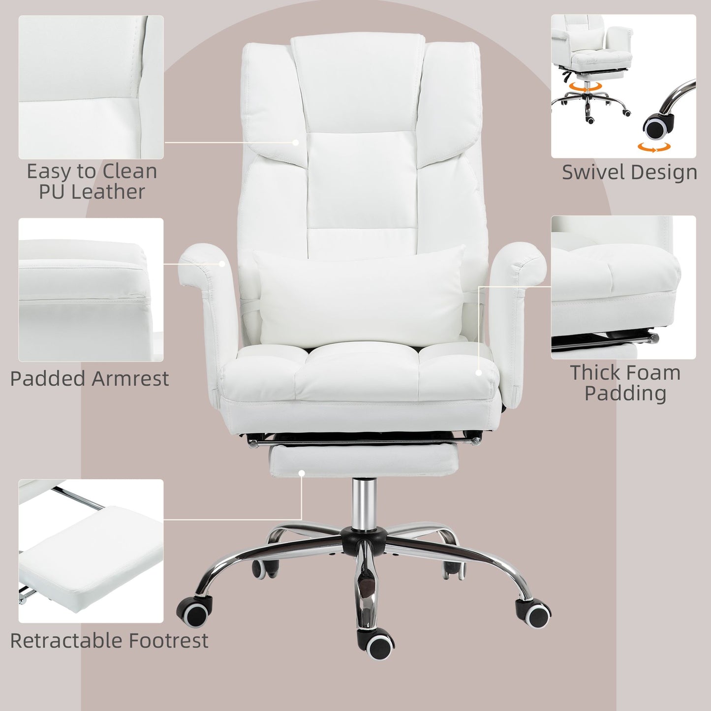 HOMCOM Executive Office Chair, PU Leather Ergonomic Office Desk Chair, Reclining and Swivel Chair with Footrest and Lumbar Support, White