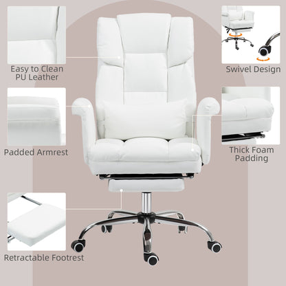 HOMCOM Executive Office Chair, PU Leather Ergonomic Office Desk Chair, Reclining and Swivel Chair with Footrest and Lumbar Support, White