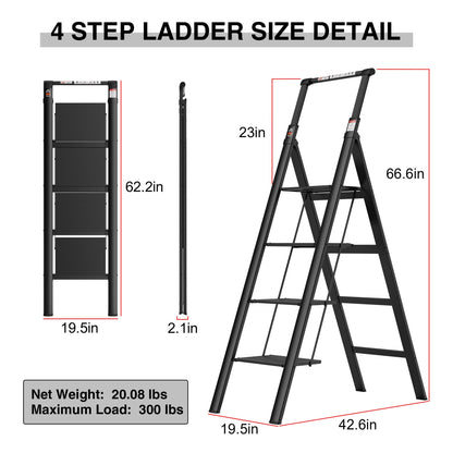 4 Step Ladder;  Retractable Handgrip Folding Step Stool with Anti-Slip Wide Pedal;  Aluminum Step Ladders 4 Steps;  300lbs Safety Household Ladder