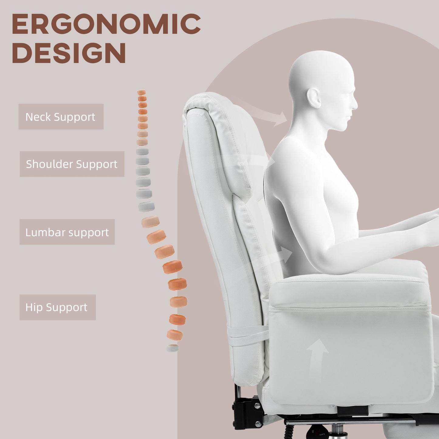 HOMCOM Executive Office Chair, PU Leather Ergonomic Office Desk Chair, Reclining and Swivel Chair with Footrest and Lumbar Support, White